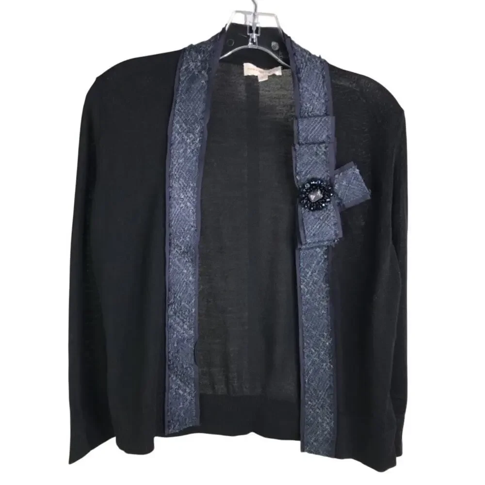 Tory Burch Vicky Cardigan Sweater Womens S Black Ribbon‎ Merino Wool Classic